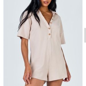 Princess Polly Button Down Beige Short Sleeve Knit Romper Size 6
